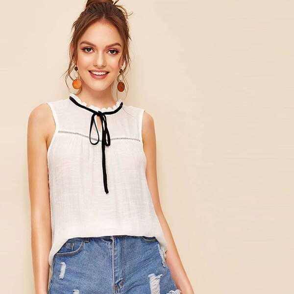 

Frilled Tie Neck Lace Insert Sleeveless Top