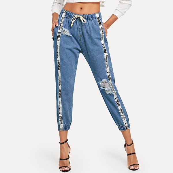 

Contrast Tape Ripped Drawstring Jeans
