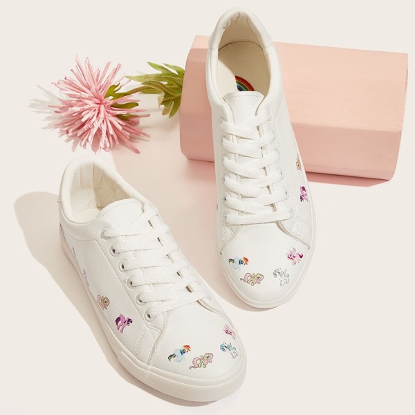 

Unicorn Print Lace-up Front Sneakers, White