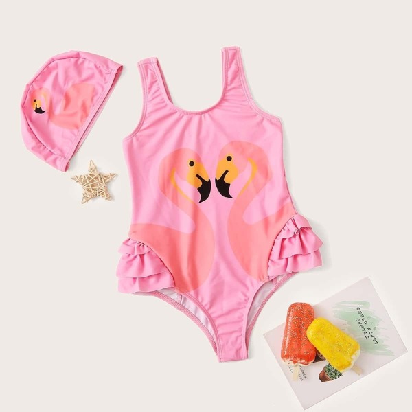 

Toddler Girls Flamingo Print One Piece Swimsuit With Hat