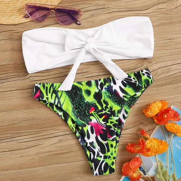 

Tie Front Bandeau With Random Animal Print Bikini