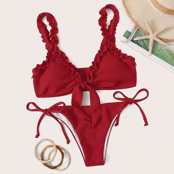 

Frill Trim Ribbed Top With Tie Side Bikini Set