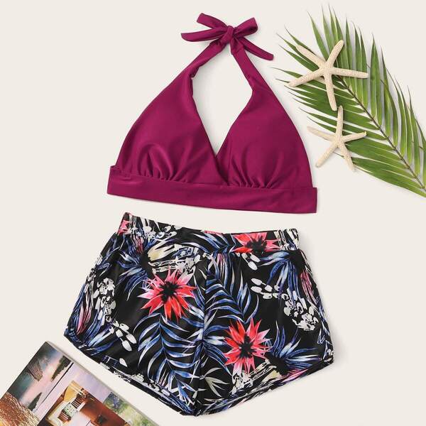 

Halter Top With Random Tropical Shorts Bikini, Multicolor