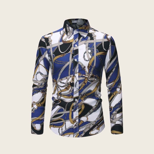 

Men Chain Print Curved Hem Shirt