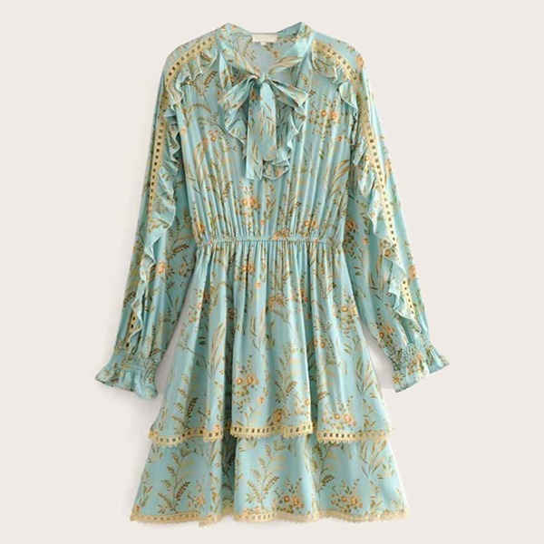 

Tie Neck Ditsy Floral Print Ruffle Trim Dress