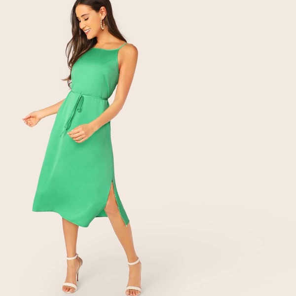 

Low Back Split Side Self Belted Satin Dress, Green bright