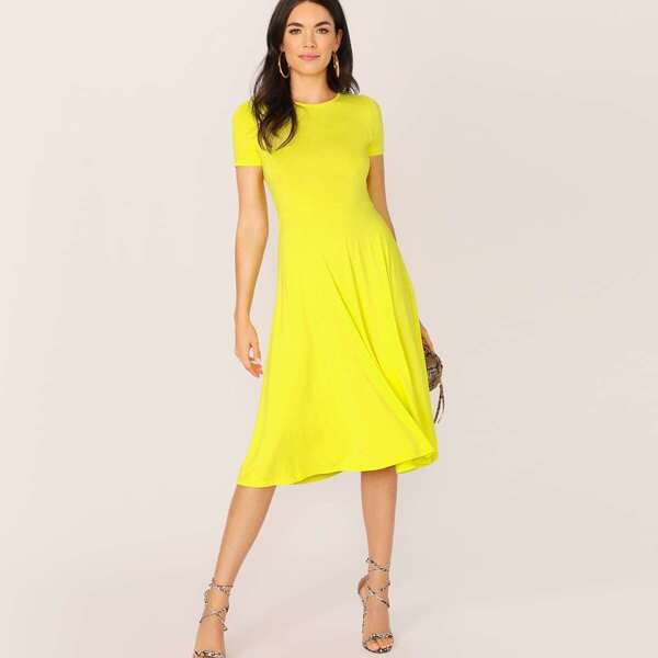 

Neon Yellow Short Sleeve Flare Dress, Yellow bright