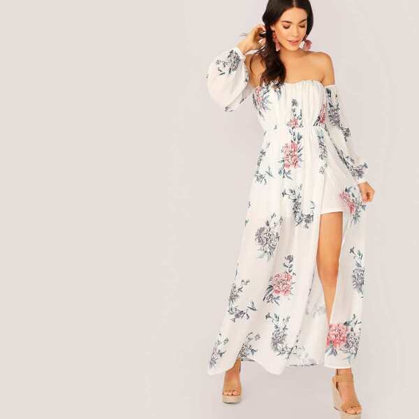 

Sweetheart Neck High Split Floral Bardot Dress