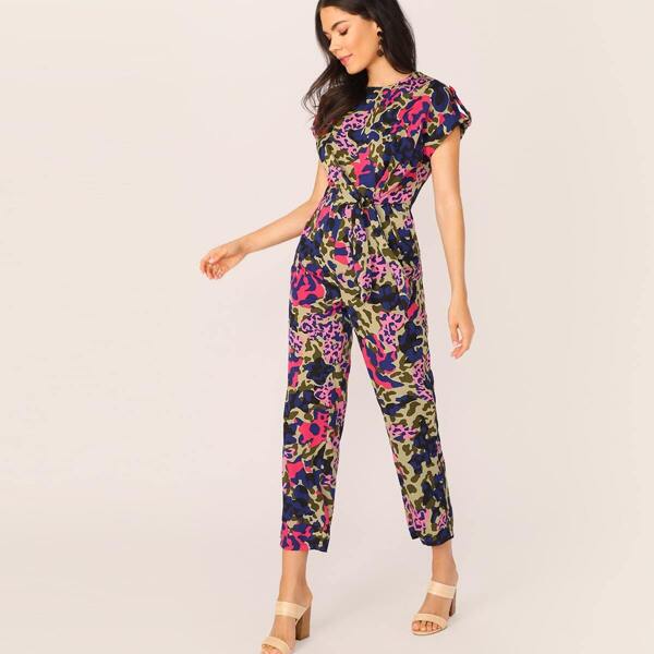 

Mixed Print Cuff Sleeve Tie Front Jumpsuit, Multicolor