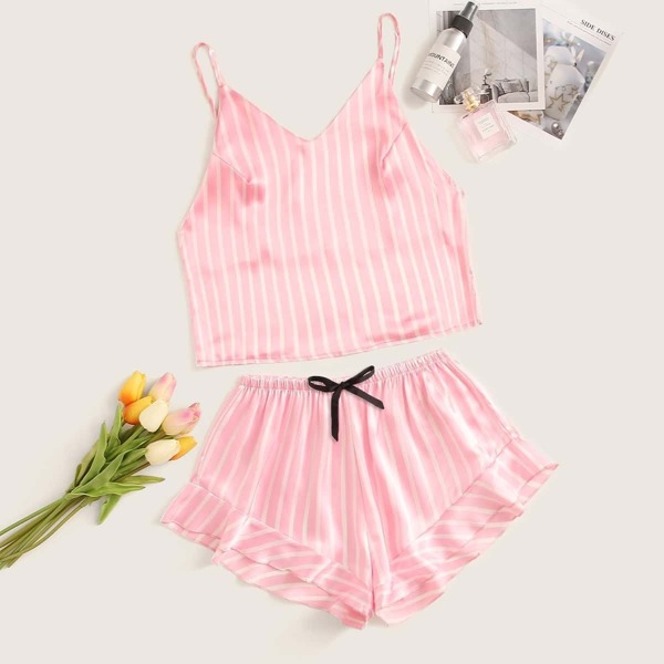 

Striped Satin Cami With Ruffle Shorts, Pink pastel