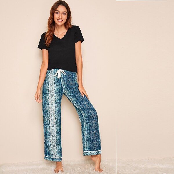 

Solid Top With Snakeskin Pants PJ Set