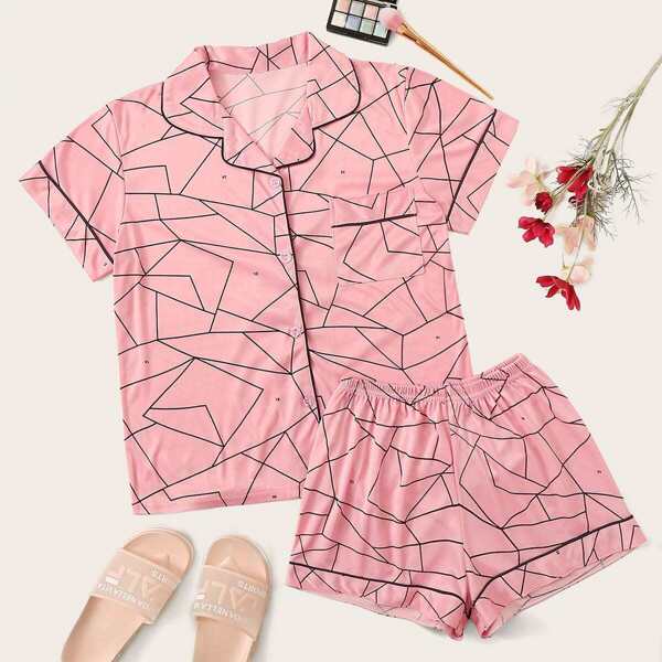 

Geo Print Button-up Pajama Set