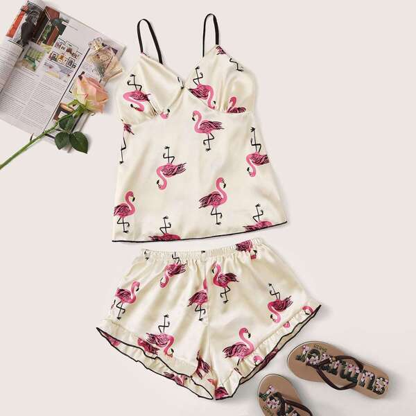 

Flamingo Print Satin Cami With Ruffle Shorts PJ Set