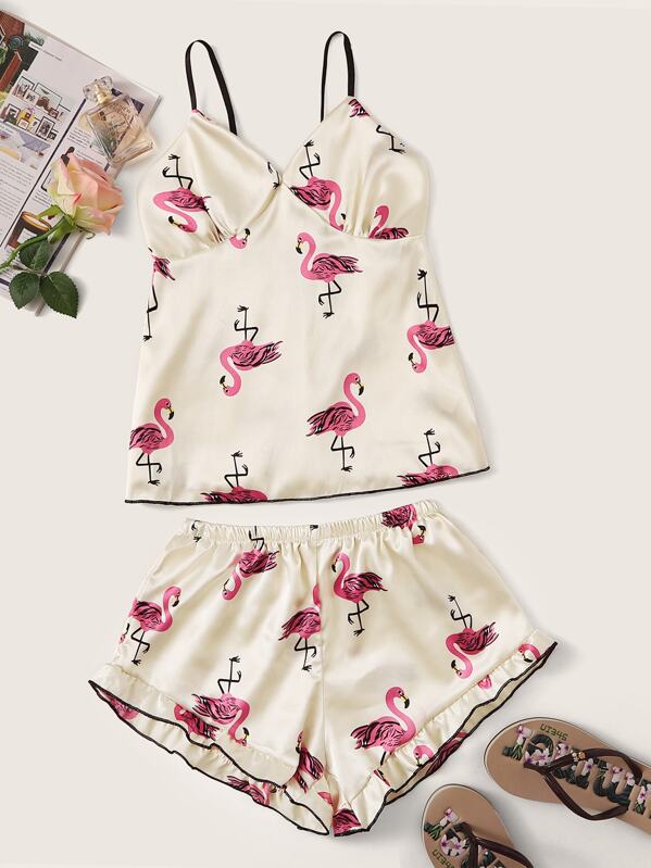 

Flamingo Print Satin Cami With Ruffle Shorts PJ Set, Multicolor