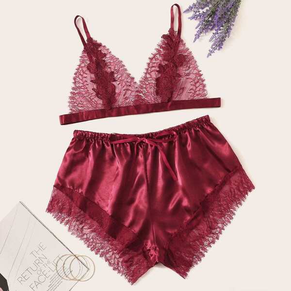 

Plus Contrast Lace Satin Lingerie Set, Burgundy
