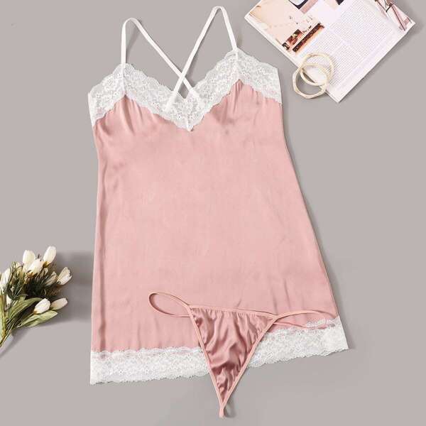 

Plus Lace Trim Satin Dress With Thong