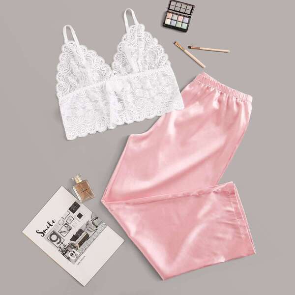 

Plus Lace Bra & Satin Pants Set