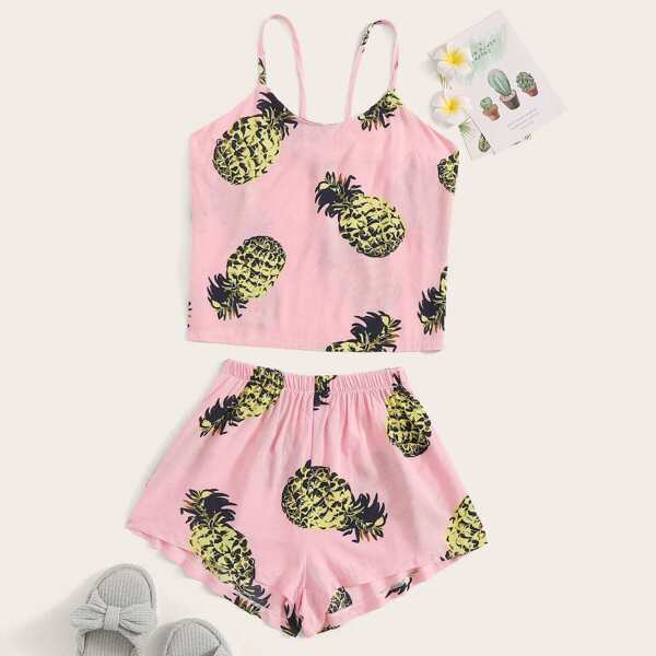 

Pineapple Print Cami Pajama Set, Pink
