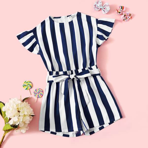 

Girls Ruffle Armhole Belted Striped Romper