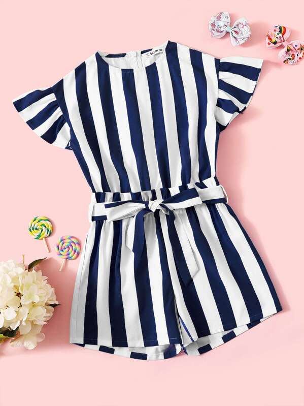 

Girls Ruffle Armhole Belted Striped Romper, Navy