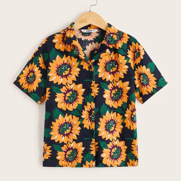 

Boys Revere Collar Sunflower Print Shirt