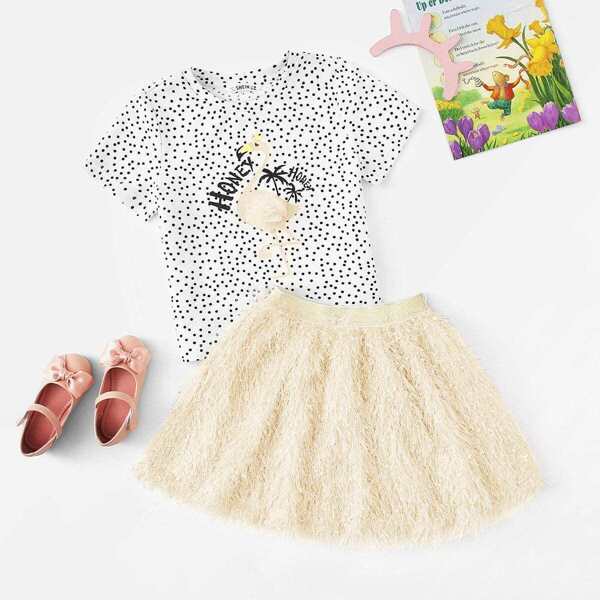 

Girls Appliques Flamingo Dot Print Top & Fringe Skirt Set