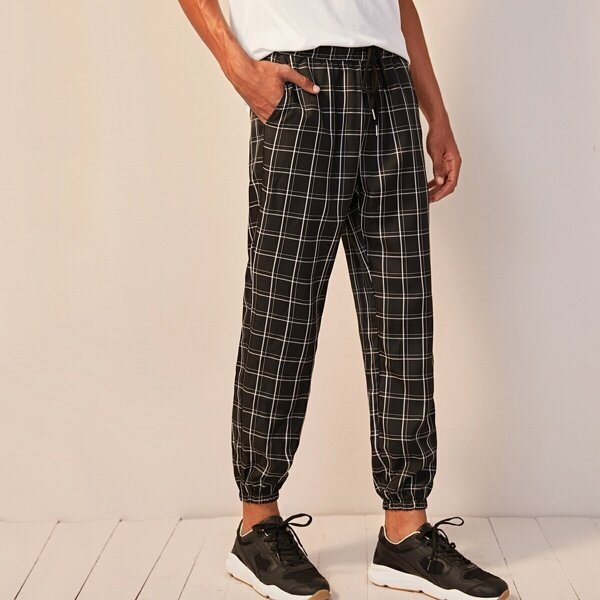 

Men Drawstring Waist Plaid Tapered Pants