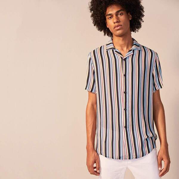 

Men Notched Collar Striped Shirt, Multicolor