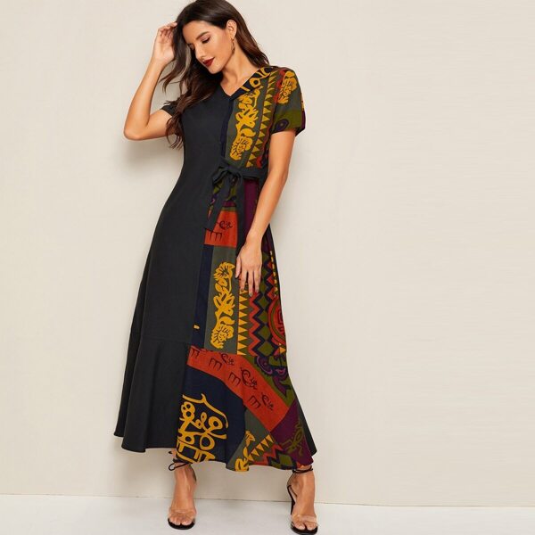 

Knot Waist Flounce Hem Cut-and-sew Dress, Multicolor