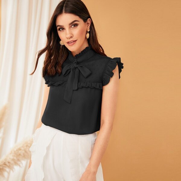 

Tie Neck Dot Mesh Yoke Ruffle Top, Black