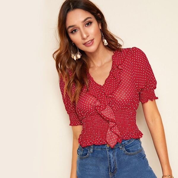 

Ruffle Trim Shirred Waist Polka Dot Top, Red