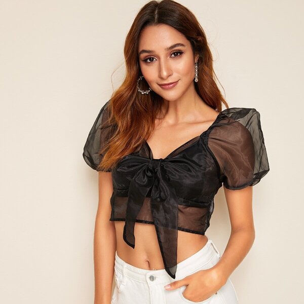 

Tie Front Puff Sleeve Sheer Mesh Crop Top Without Bra
