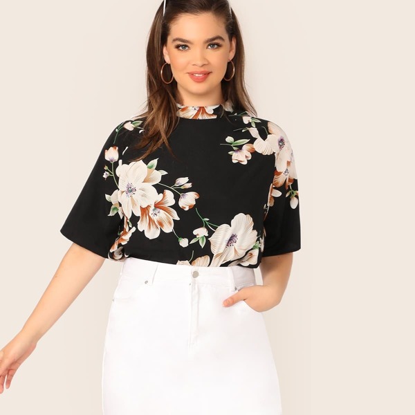 

Plus Mock-neck Raglan Sleeve Floral Top, Black