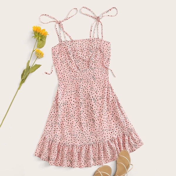 

Knot Strap Shirred Back Ditsy Floral Dress, Pink pastel