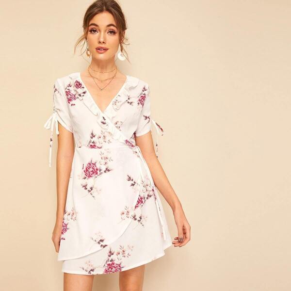 

Floral Drawstring Sleeve Ruffle Trim Wrap Dress, White