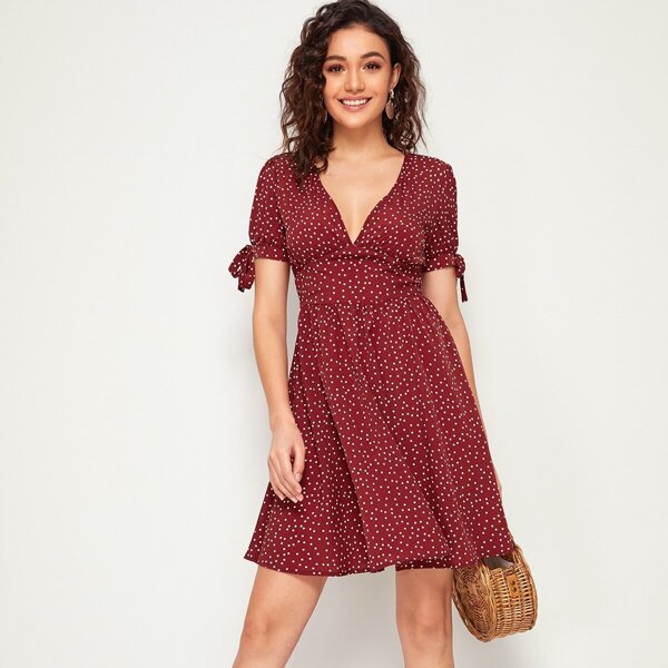 

Knot Cuff Fit and Flare Polka Dot Dress
