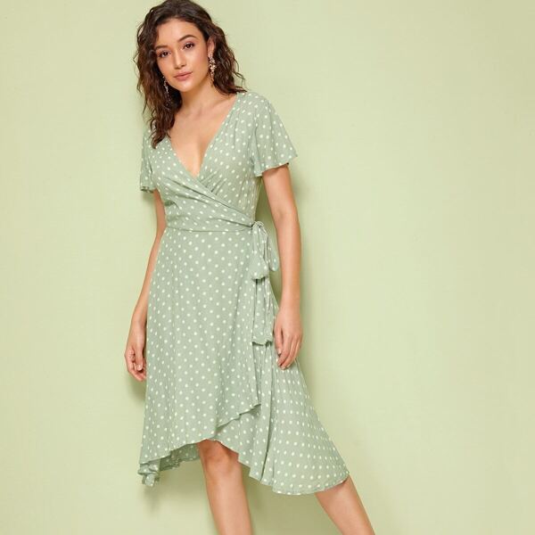 

Deep V Neck Polka-dot Print Wrap Knotted Dress