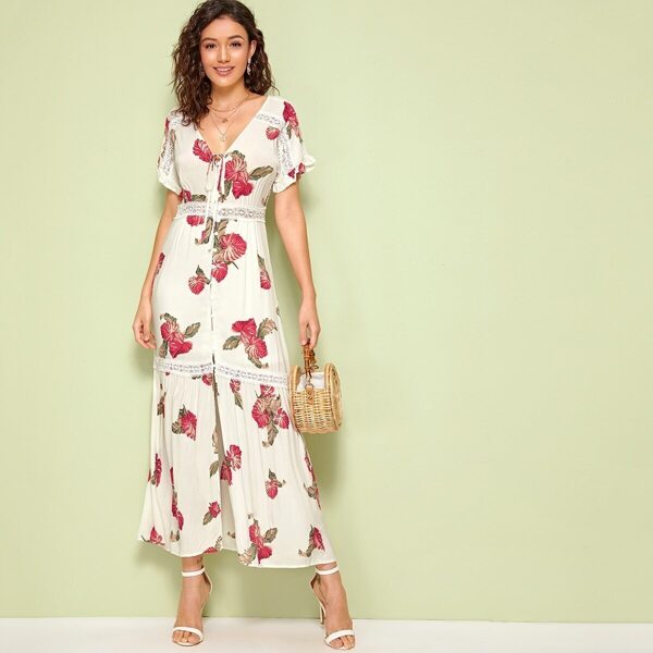 

Leaf Print Lace Insert Button Front Maxi Dress, White