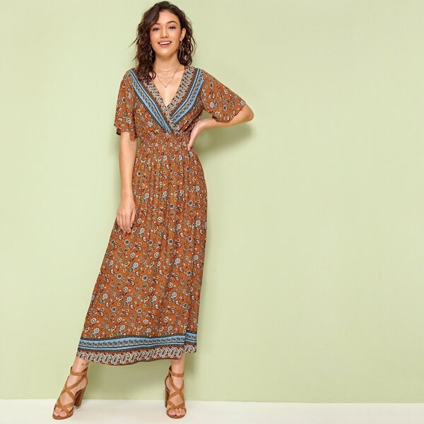 

Paisley Print Surplice Neck Flutter Sleeve Dress, Brown