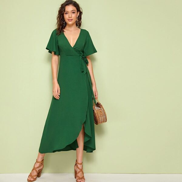 

Solid Flutter Sleeve Surplice Neck Knotted Dress, Green