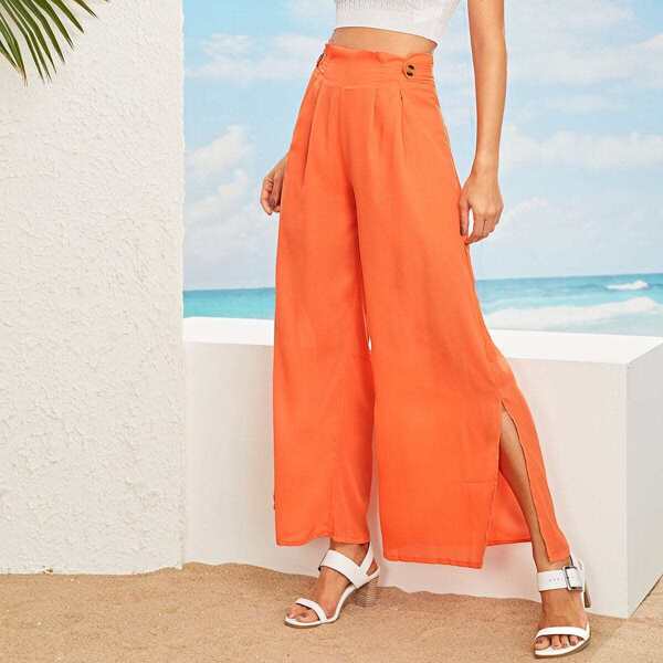 

Neon Orange Paperbag Waist Pleated Split Palazzo Pants, Orange bright