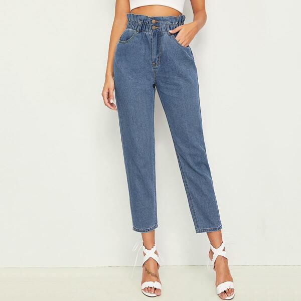 

High Waisted Paperbag Waist Cropped Mom Jeans, Medium wash
