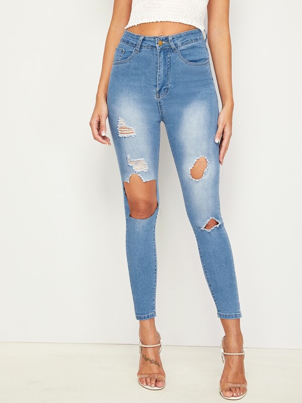 

Bleach Wash Ripped Detail Skinny Jeans, Blue