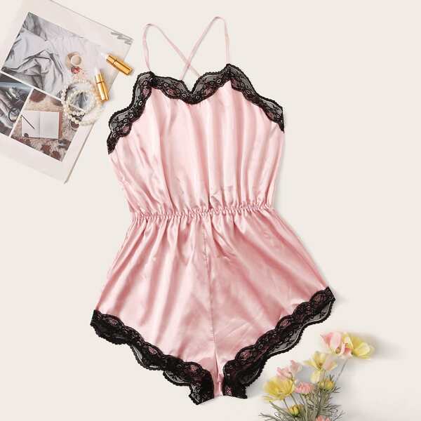 

Crisscross Back Lace Trim Satin Romper Bodysuit