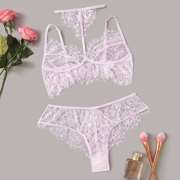 

Eyelash Floral Lace Lingerie Set With Choker