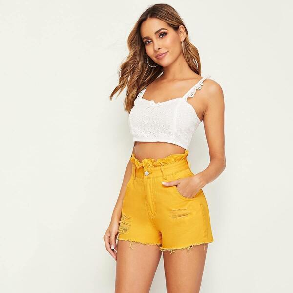 

Ruffle Waist Ripped Detail Solid Denim Shorts