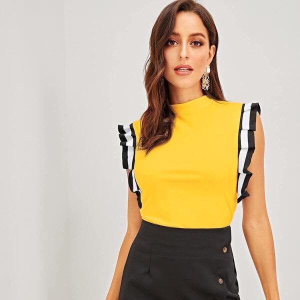 

Mock Neck Striped Pleated Ruffle Armhole Top, Yellow bright