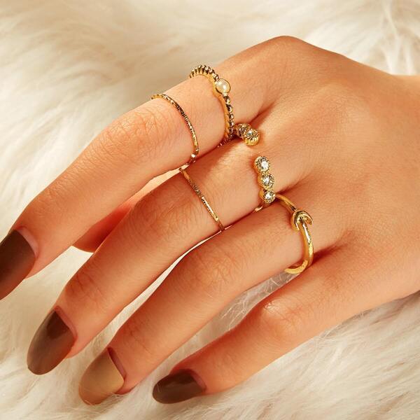 

Rhinestone Engraved & Faux Pearl Ring 5pcs