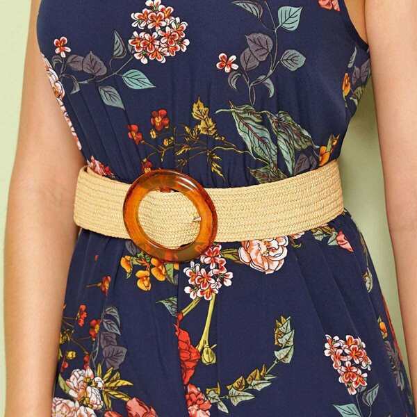 

Round Transparent Buckle Straw Braided Belt, Beige