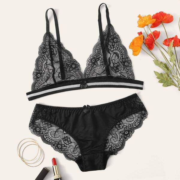 

Plus Floral Lace Lingerie Set, Black